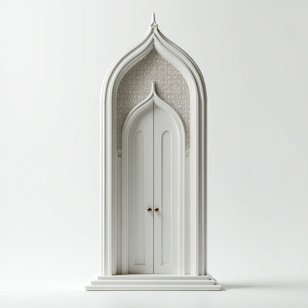 Futuristic tenant pylon combines Islamic architectural elements. Grand decorative arches with geometric patterns. Modern white aesthetic. Tall slender structure. Tenant cabinet at center.