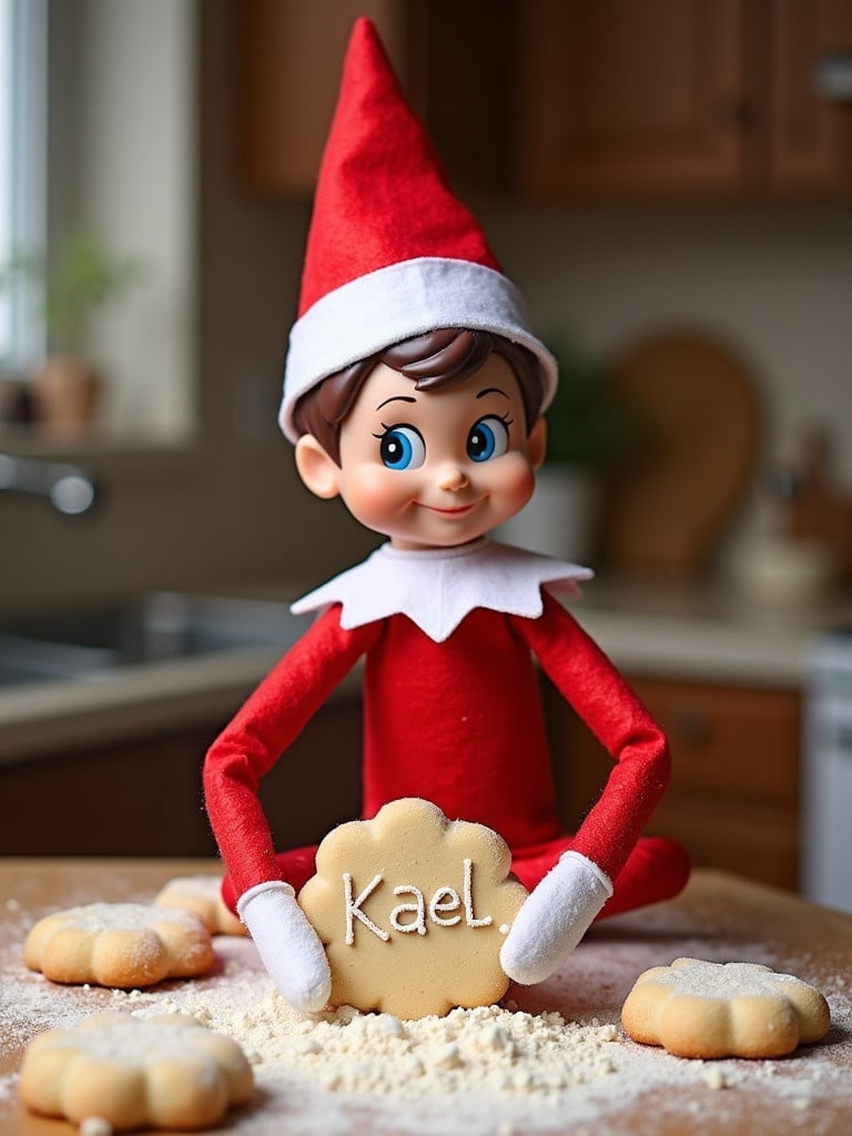 Elf figure dressed in red and white seated at a table. Flour scattered around with a cookie that says Kael. Natural light coming from a kitchen window. Ideal for holiday baking themes.