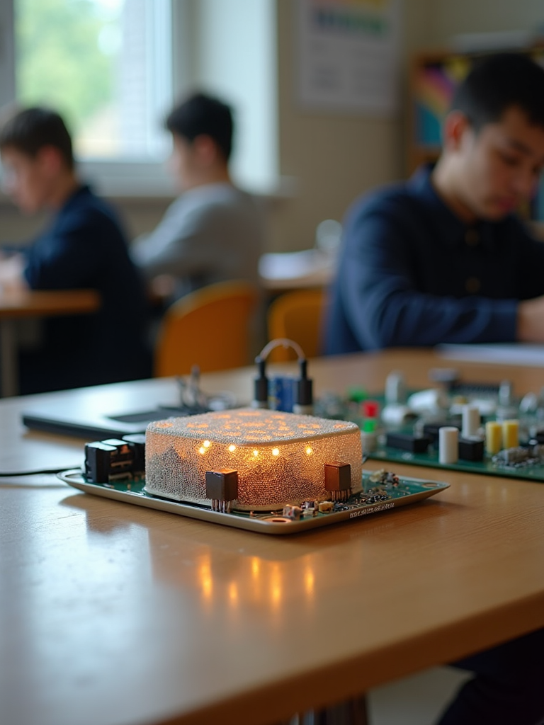 A glowing circuit board with small lights sits on a wooden table in a classroom with students working in the background.