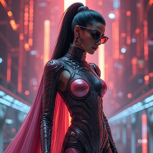 Futuristic avant garde couture high impact artful luxury fashion in an alternate dimension with galactic elements. Features a stylish African American model in edgy sculptural attire, highlighted by neon lights and dramatic visuals. Emphasizes high fashion and beauty with accessories in a visually striking and appealing manner.
