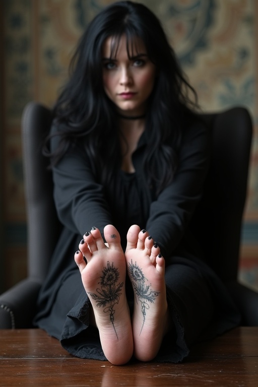 Mature goth woman displaying tattooed soles of her bare feet. She wears dark goth clothing. She sits on a chair and places her feet on a table.