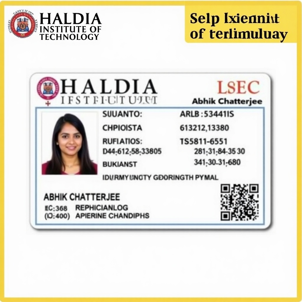 This image shows a scanned student ID card from Haldia Institute of Technology. The card includes essential student details. It emphasizes branding and institutional features. It is used for identification.