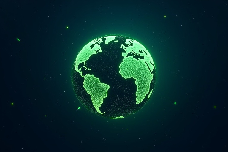 Dark blue starry background with glowing globe of Earth Glowing connection lines symbolize decentralized network Subtle green particles enhance growth and renewal Futuristic header image featuring massive glowing sphere symbolizing Earth