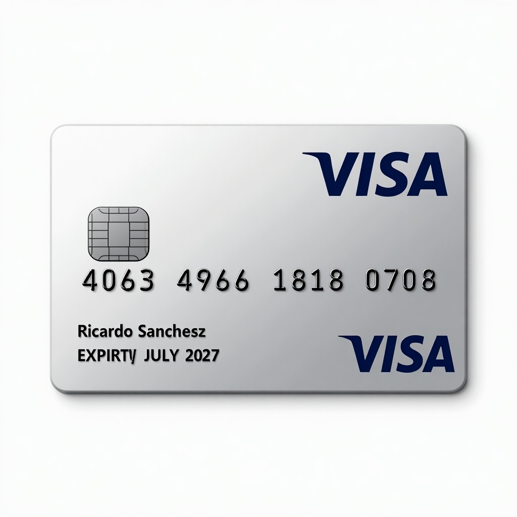 A realistic image of a credit card showcasing details clearly. The card has the Visa logo prominently displayed. The card number is 4063049961880708 situating below the logo. The cardholder's name is Ricardo Sanchez aligned correctly. An expiry date of July 2027 is also present at the bottom. The overall design is modern and sleek with a silver background and black font. It conveys the essence of a standard credit card.