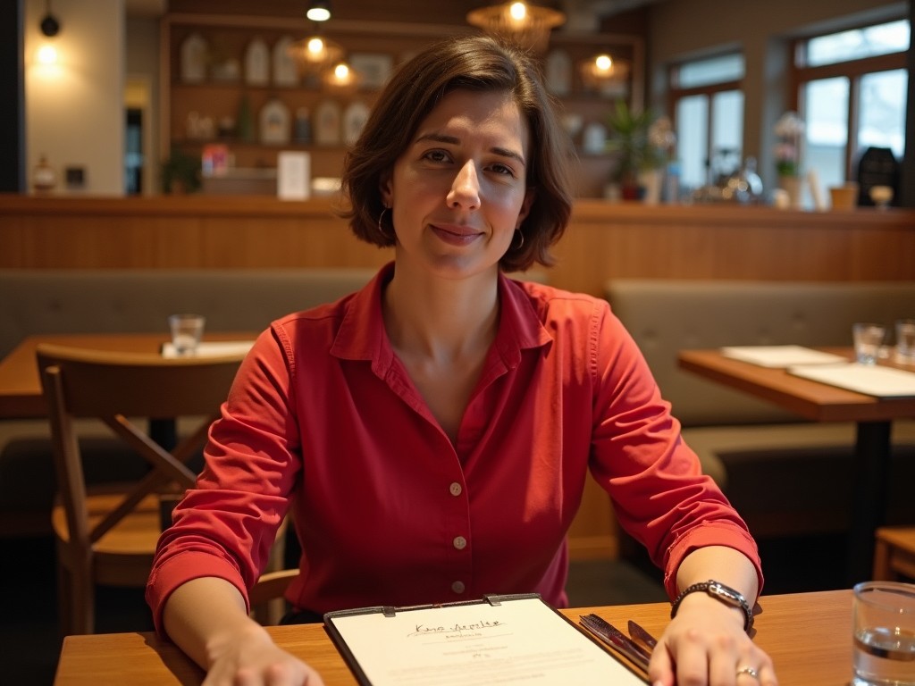 A person is seated at a wooden table in a cozy restaurant. They are wearing a red long-sleeve shirt and appear to be casually relaxed. The table is set with a menu and some utensils, hinting at a meal setting. The background shows a wooden and cushioned decor, suggesting comfort and warmth. The overall atmosphere is calm and inviting, almost like a scene from a casual dining out experience.