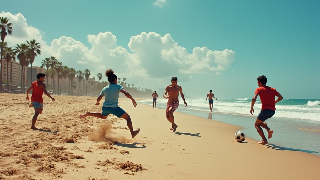 A group of people joyfully play soccer on a sunny beach with palm trees in the background.