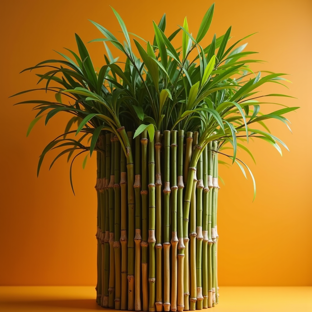 A lush green plant arranged in a cylindrical bamboo vase against an orange background.