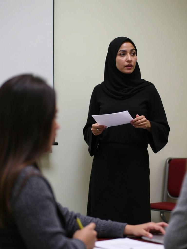 Speaker in black hijab presents with confidence. She holds paper in one hand and gestures with the other. Background is simple and soft. Two people are seated at a table. One uses a laptop while the other writes notes. Setting is professional and educational.