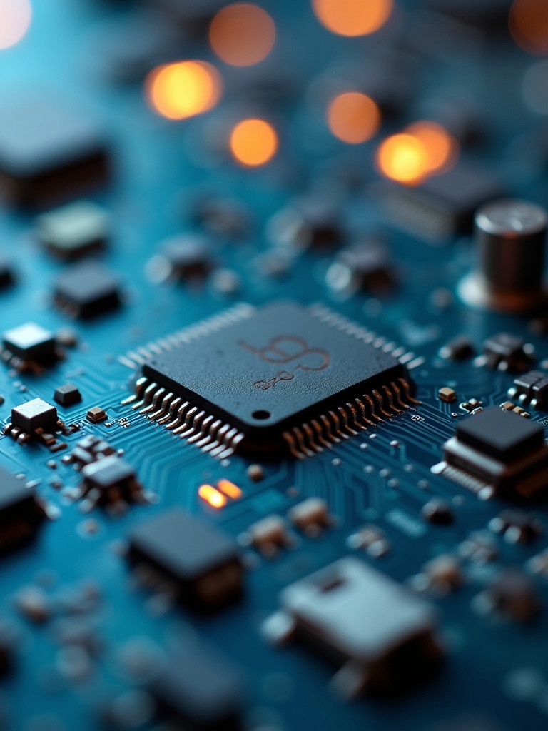 Close-up view of electronic circuit board showing microchips and components