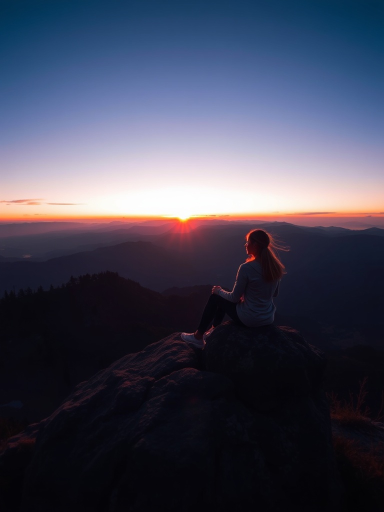 A person sits atop a rocky cliff, gazing at the vibrant sunset over a mountainous landscape. The sky is awash with warm hues of orange and red, transitioning into a deep blue as it extends upwards. The silhouette of the observer adds a contemplative mood to this captivating scene.