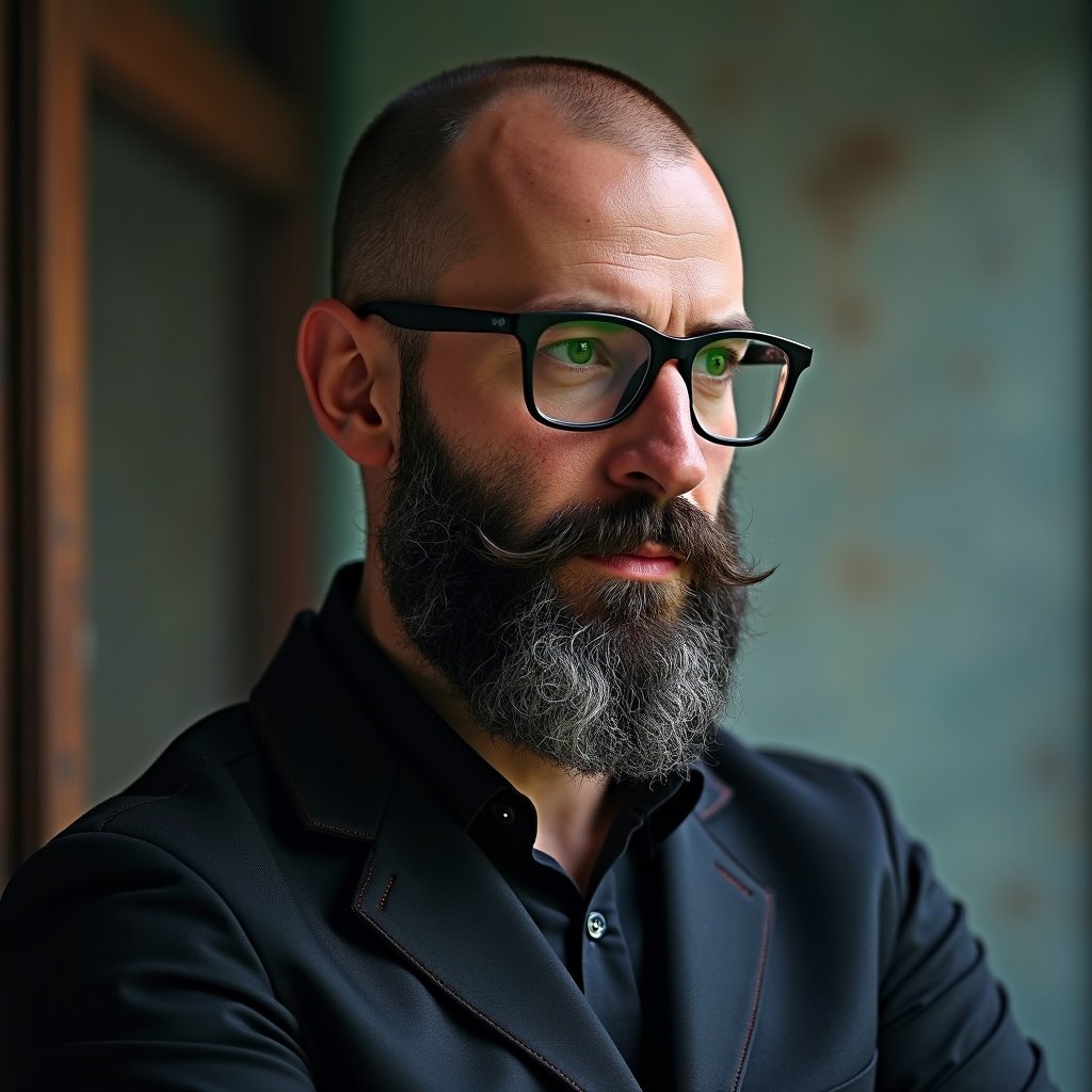 This image portrays a sophisticated male individual with a well-groomed beard and stylish glasses. He is wearing a black suit jacket and has a confident expression. The background is softly blurred, highlighting the subject's face. The lighting is gentle and flattering, enhancing his features. This portrait reflects professionalism and style, ideal for business contexts.