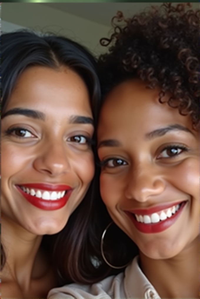 Two women with bright smiles and red lipstick, exuding happiness and friendship.