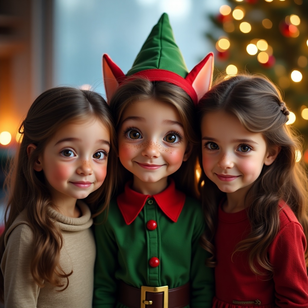 Festive children pose together with a Christmas tree in the background. One child wears an elf costume. Two girls have long dark hair and freckles. They smile happily in a holiday setting.