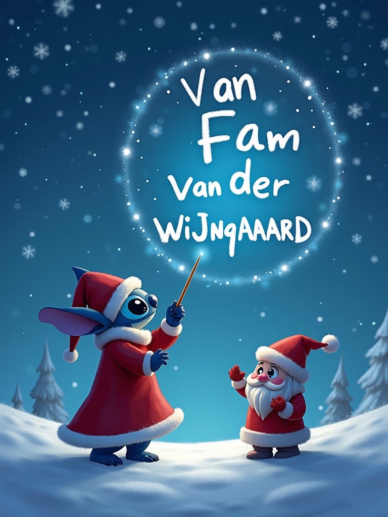 Stitch is facing the sky. He uses a magic wand. He writes 'van de fam van der Wijngaard' in the air. Santa stands beside him. It's a winter scene with snow. There are Christmas trees in the background.