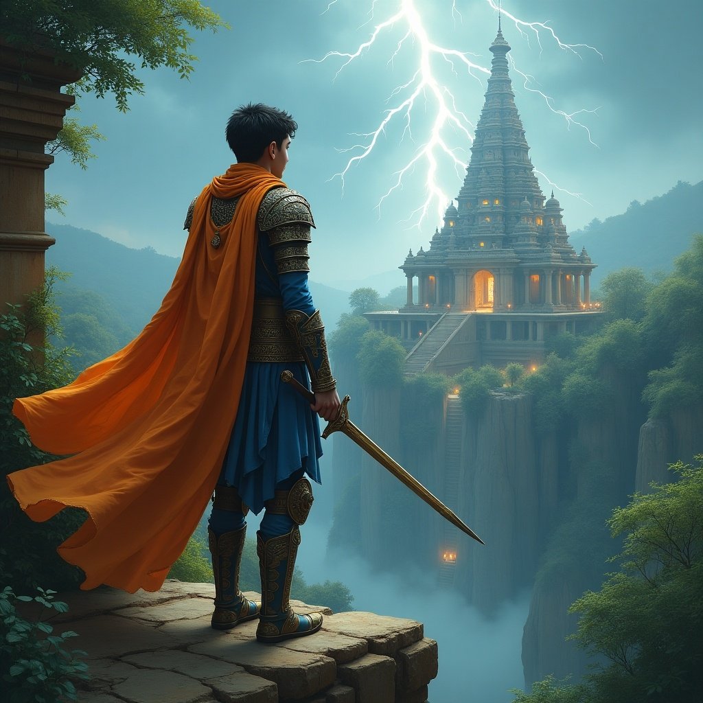 A young warrior stands on a cliff, gazing at a magnificent temple on a distant mountain. He is dressed in ornate blue armor with a flowing orange cape. The scene is set in an ancient kingdom, surrounded by lush green forests. Above, a dramatic lightning strike adds to the intensity of the moment. The warrior holds a sword firmly in hand, embodying courage and determination.