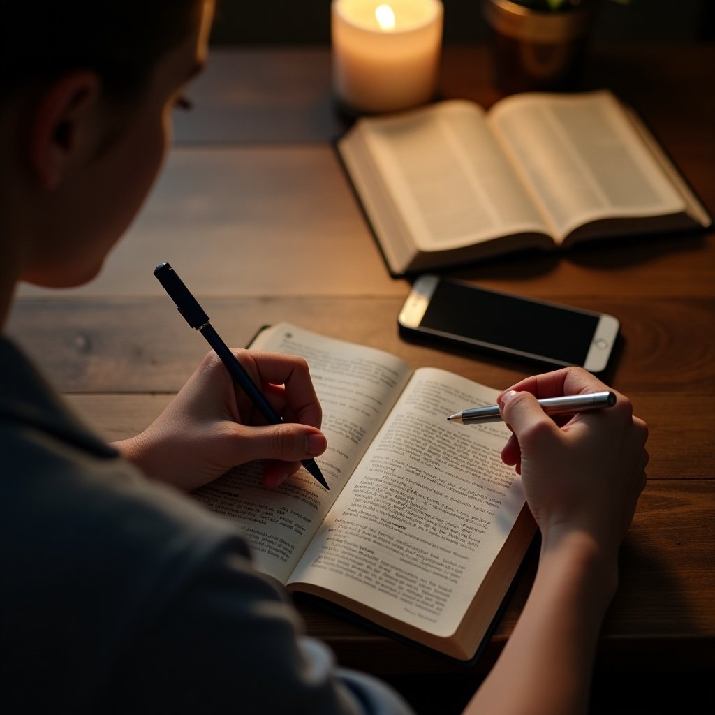 A person writes in a notepad with a cellphone and a bible on the desk. The setting conveys a moment of study and reflection.