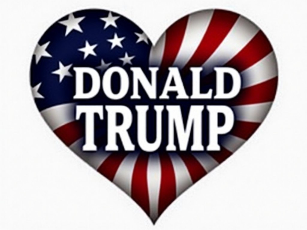 The image features a heart shape filled with an American flag design, symbolizing patriotism. At the center, bold white lettering spells out "Donald Trump." The heart's red, white, and blue colors emphasize a theme of national pride.