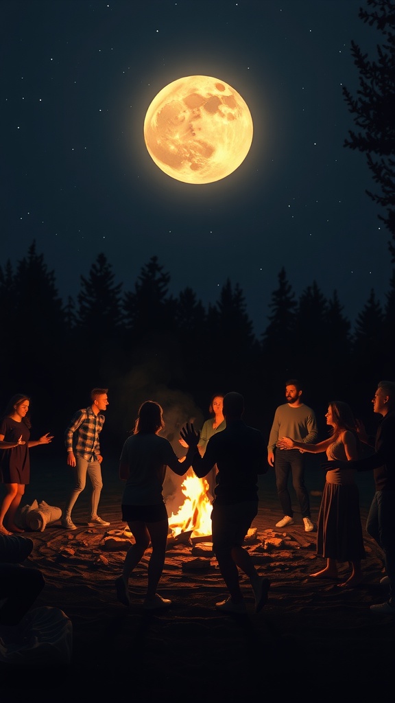 In this captivating scene, a group of people are gathered around a glowing campfire under a large, luminous full moon. The backdrop of a star-studded night sky and a silhouette of trees adds a sense of mystique and tranquility. The warm glow from the fire contrasts beautifully with the cool hues of the surrounding night, highlighting the camaraderie and joy shared in this natural setting.