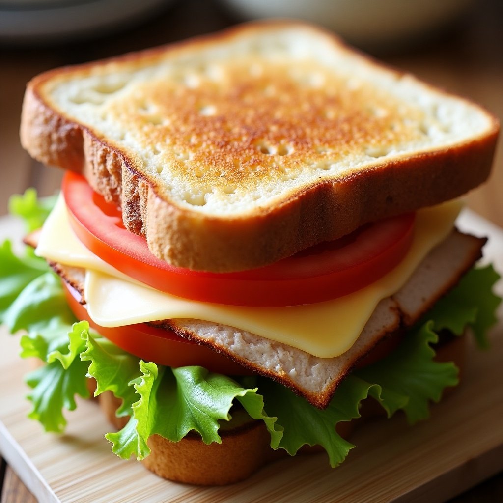 Close-up of a sandwich featuring toasted bread layered with smoked turkey, melted cheese, lettuce, tomato, and mayonnaise.