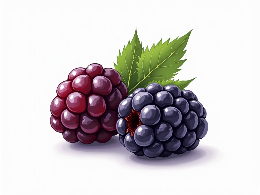 This illustration showcases two ripe berries, a red raspberry and a dark blackberry, surrounded by vibrant green leaves. The shiny texture and detailed highlights give the berries a luscious, appetizing appearance. The composition focuses on the natural beauty and freshness of these fruits.