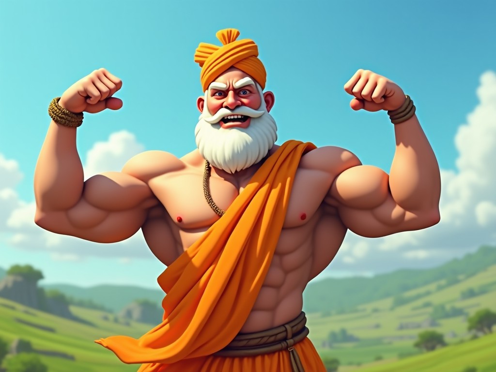 A muscular sage in traditional attire, set against a pastoral backdrop, with a confident pose and expression.