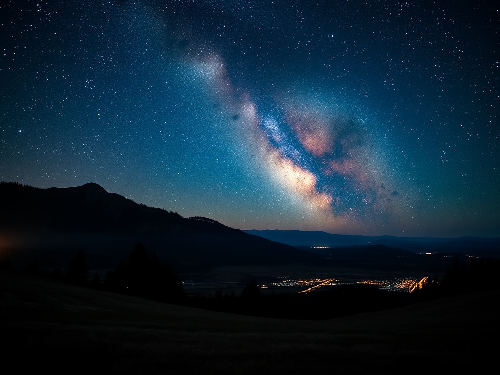 A stunning view of the Milky Way galaxy illuminating the night sky over a distant town and silhouetted mountains.