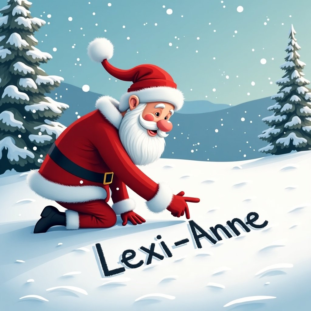 Santa Claus is writing Lexi-Anne in the snow during winter. The scene is festive with snow-covered trees in the background.