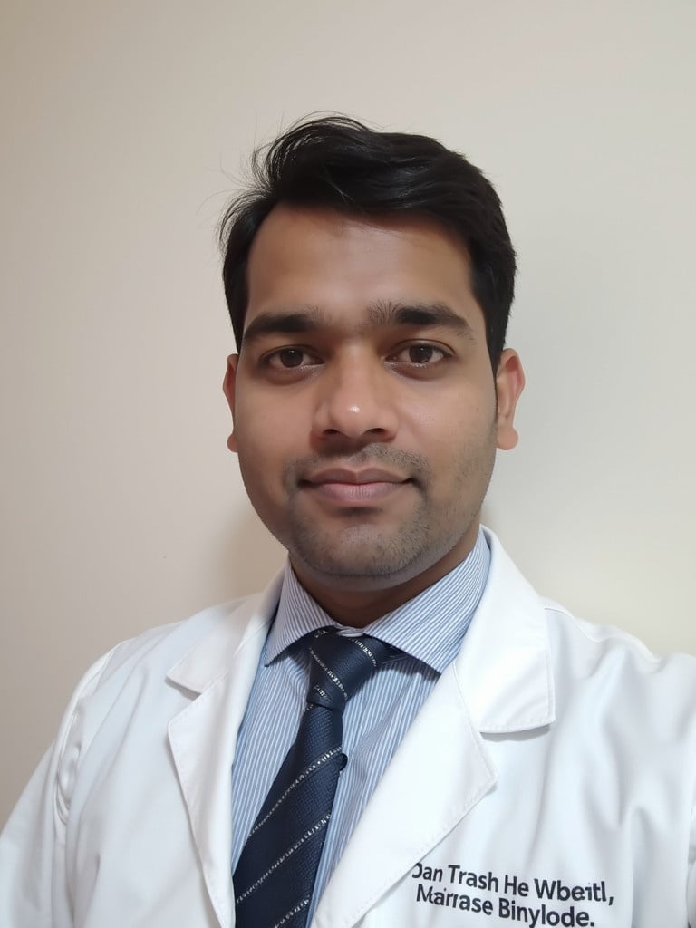 A medical professional in a white coat wearing a blue tie. The doctor appears professional and ready to consult patients. The background is neutral and unobtrusive. The attire indicates a formal healthcare setting.