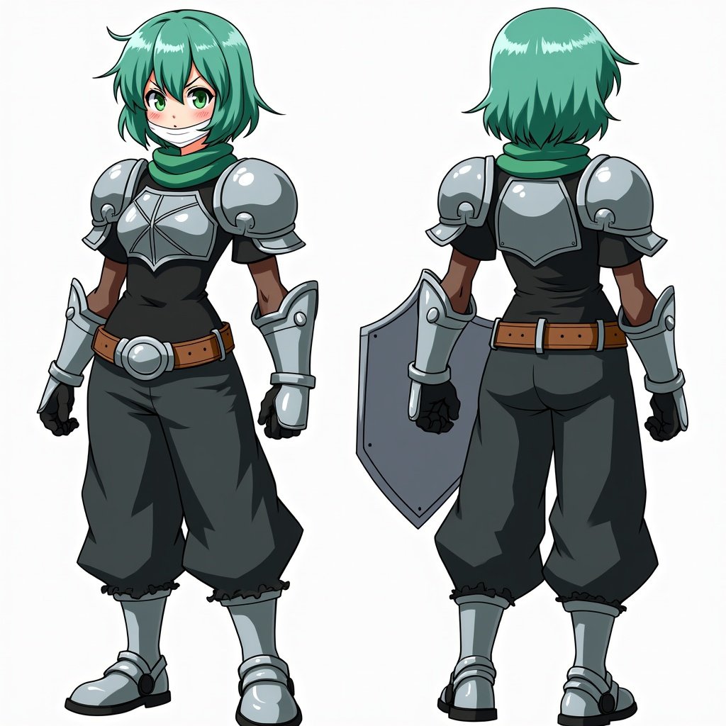 Anime mercenary tomboy character with sea green hair and green eyes. Pixie bangs are styled in a curtain. Wears a bandaged face mask. Outfit includes silver armor, black shirt, and sea green scarf. Accessories include metal gauntlets and shin pads. Black baggy pants with a thick belt and silver buckle. Silver shield attached to the belt. Show three views: front, side, and back.