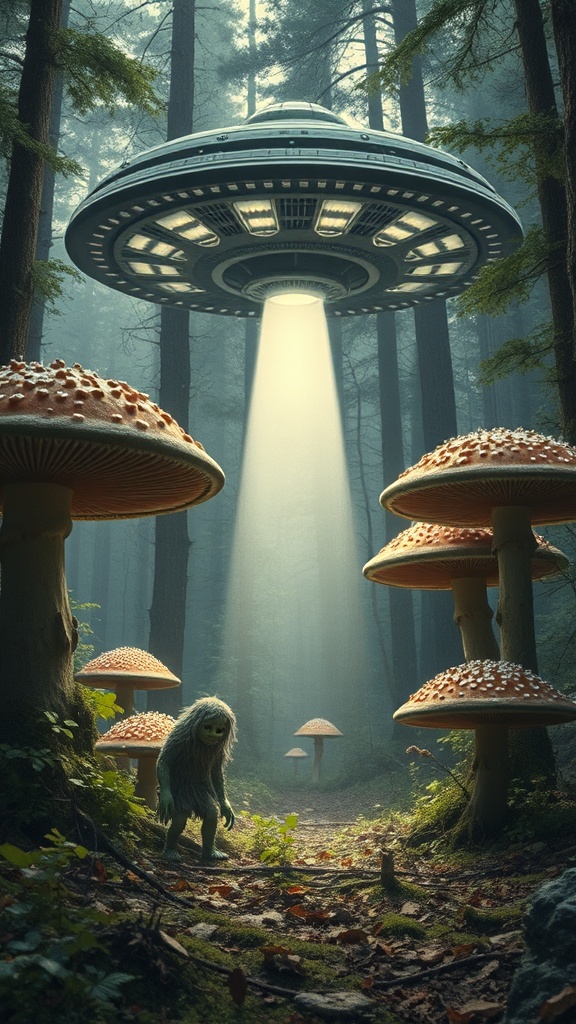 In a mystical forest setting, an otherworldly scene unfolds as a UFO casts a bright beam of light onto the forest floor. Giant, fantastical mushrooms tower over a curious, furry creature, adding to the enchanted ambiance. The image evokes a sense of wonder and intrigue, blending elements of fantasy and sci-fi.