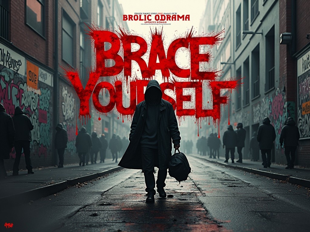 Create an album cover for a grime song titled 'Brace Yourself' by Brolic Odrama, produced by Splurt Diablo. The artwork should feature a hooded figure on a misty street lined with graffiti. The dominant colors should be dark shades and red, conveying an intense and gritty atmosphere. The title 'Brace Yourself' should be displayed prominently in a dramatic and bold font, suggesting gripping lyrics. The overall feel should resonate with the themes of struggle and resilience in urban life. Make sure to reflect the culture of grime music in the style used for the image.