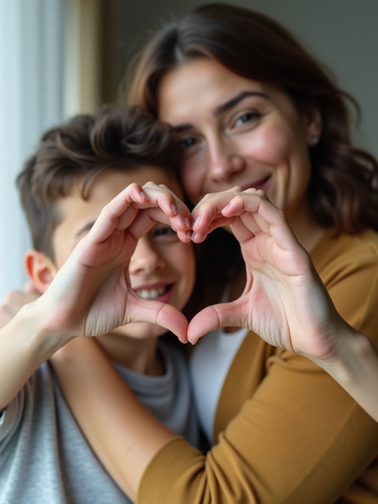 A woman holds a boy close hugging him. The woman creates a heart shape with her hands while they embrace. The focus is on the heart sign made by her hands.