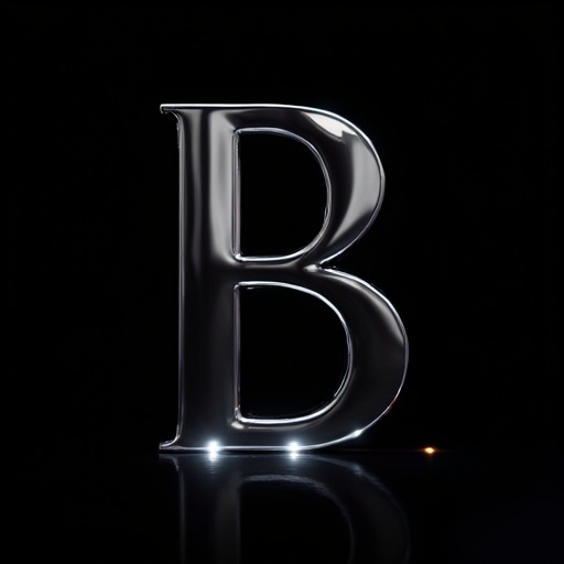 Iconic chrome-plated letter B on black background. Spotlights illuminate letter B. Reflections enhance its shine.