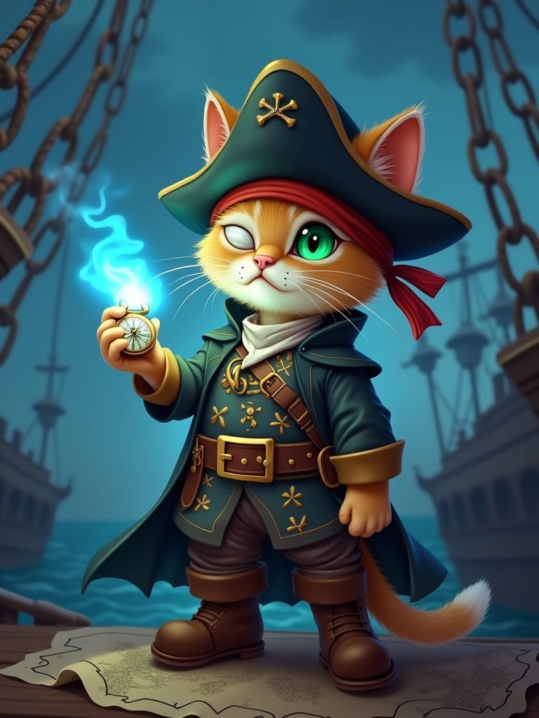 A cartoon kitten stands as a pirate. Kitten holds a glowing magic compass. Eyes shine green. Kitten wears a tricorn hat. Kitten's dress has star patterns. Blue flame swirls around kitten.