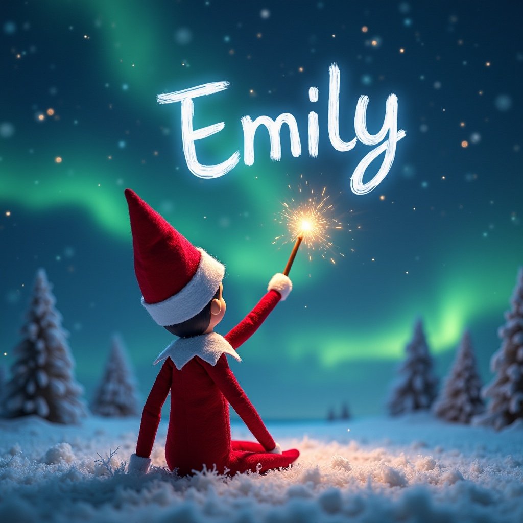 An enchanting Christmas scene features an elf on the shelf character, facing the colorful northern lights. The elf wears a bright red outfit, complete with a pointed hat, and has its back turned to the viewer. In its hand, the elf holds a sparkler, using it to write 'Emily' in the sky. The background is filled with soft snow-covered trees, giving a magical and festive vibe. The colors are vibrant, capturing the essence of holiday joy and wonder. This scene evokes a sense of childhood magic and the enchantment of Christmas.