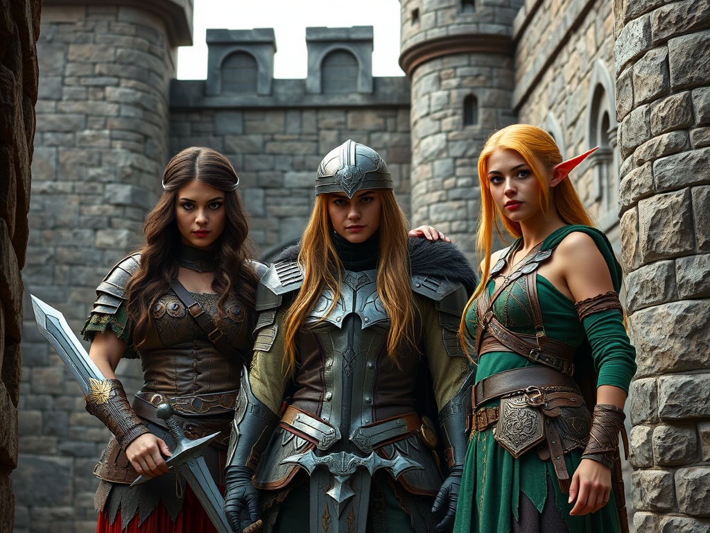 Three women in medieval attire stand confidently in front of a stone castle wall, embodying the spirit of fantasy warriors.