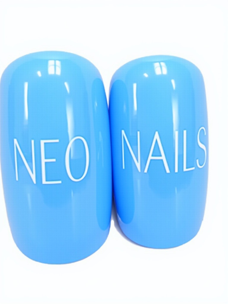 Two glossy rounded letters 'NEO' and 'NAILS'. Letters are in vibrant blue color. The background is bold and enhances the text.