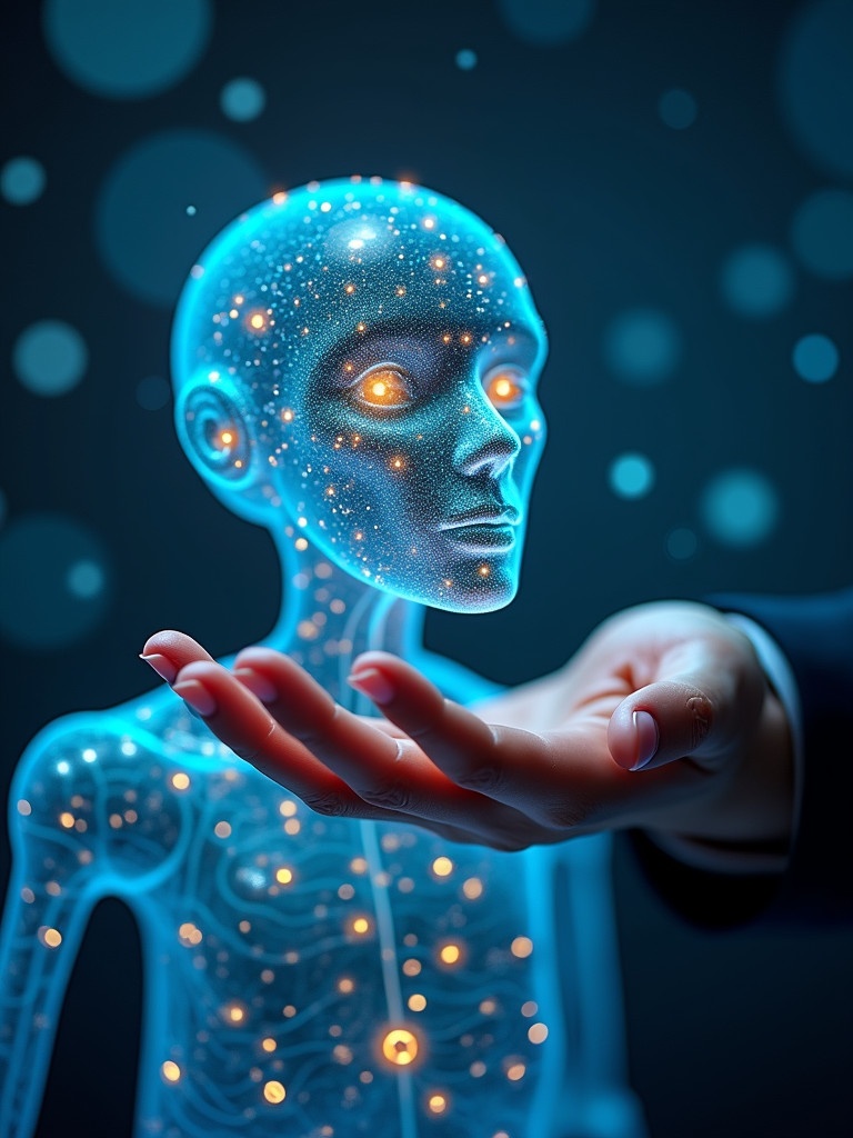 A person holds a futuristic glowing mannequin in a blue digital environment. The mannequin is transparent and shows inner mechanisms highlighted with lights. The scene conveys the idea of integrating advanced technology into business practices.