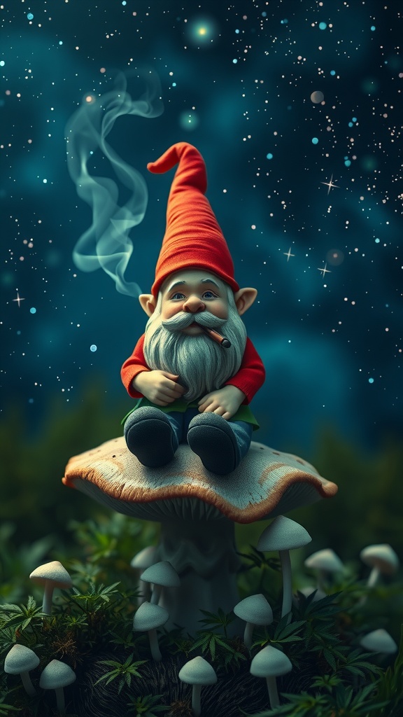 A whimsical gnome sitting on a mushroom, surrounded by a starry night sky.