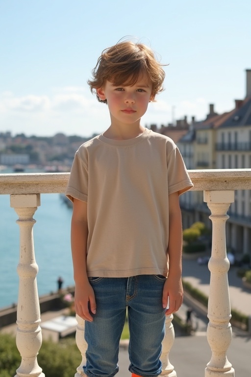 A young boy stands on a balcony. He wears a large natural-colored T-shirt and blue jeans. His socks are colorful. He has short light brown hair that is a little tousled. The background shows a sunny harbor in Normandy. The scene is peaceful and quiet.