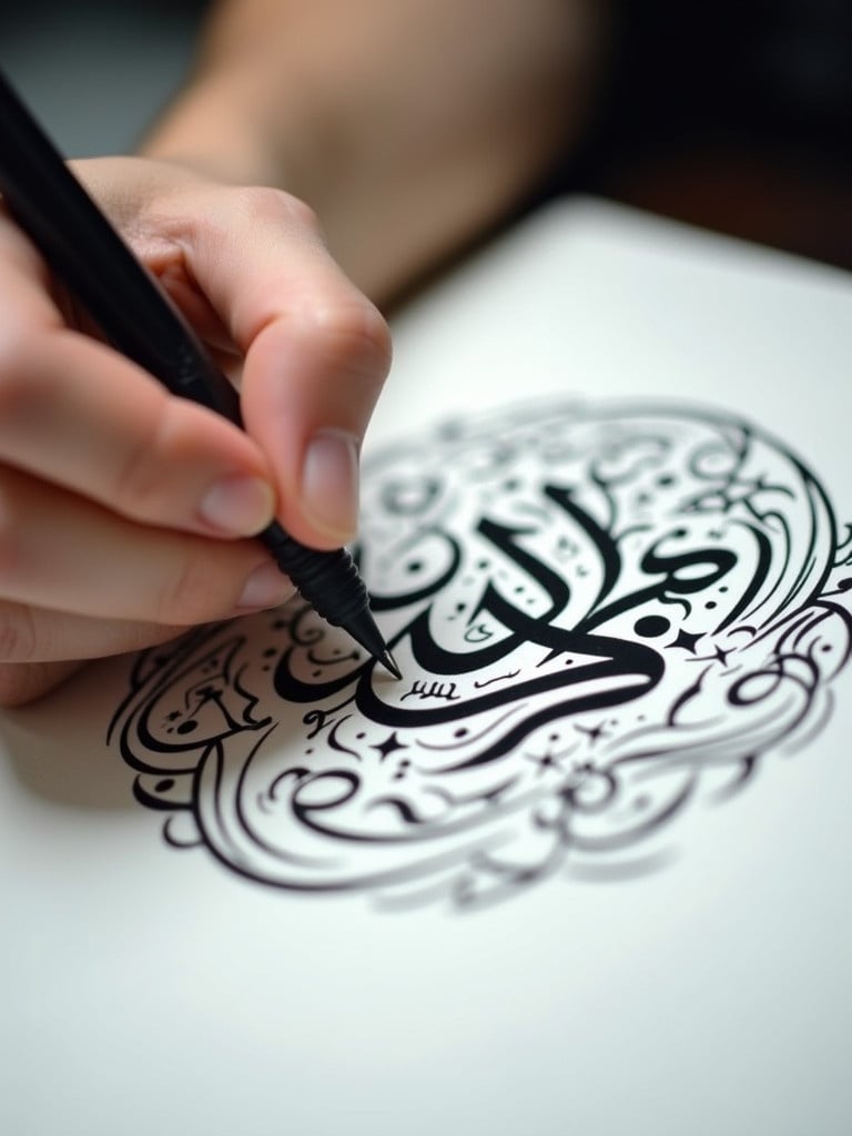 Hand holding pen executes Arabic calligraphy. Bold black ink is used on white paper. Hand shows steady focus on letters. Surrounding designs enhance the main calligraphy. Soft lighting highlights the strokes and details.