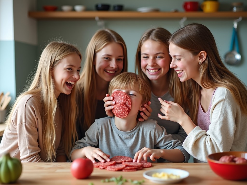 In a cozy kitchen, a cheerful scene unfolds. A young boy poses with a slice of salami in front of him, surrounded by four girls. They are all laughing and enjoying the moment. The kitchen has a light, warm ambiance with various food items laid out on the table. The expressions on their faces convey happiness and togetherness. Soft lighting enhances the warmth of the scene, making it inviting and vibrant.