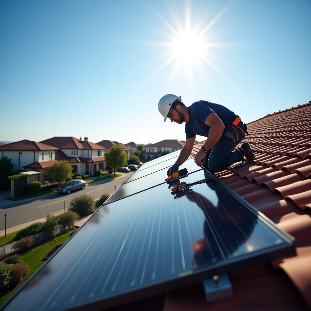 Technician installs solar panels on a residential roof. Clear blue sky in background. Sunlight brightens the scene. The technician is focused and skilled.