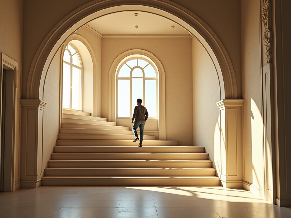 The image features a spacious interior with a grand staircase. A person is seen walking down the steps, creating a sense of movement and perspective. The walls are adorned in soft beige tones, illuminated by warm natural light from large, arched windows. The architectural design is modern yet elegant, highlighting the beauty of simplicity. This scene evokes feelings of tranquility and sophistication, inviting viewers to immerse themselves in the serene atmosphere.