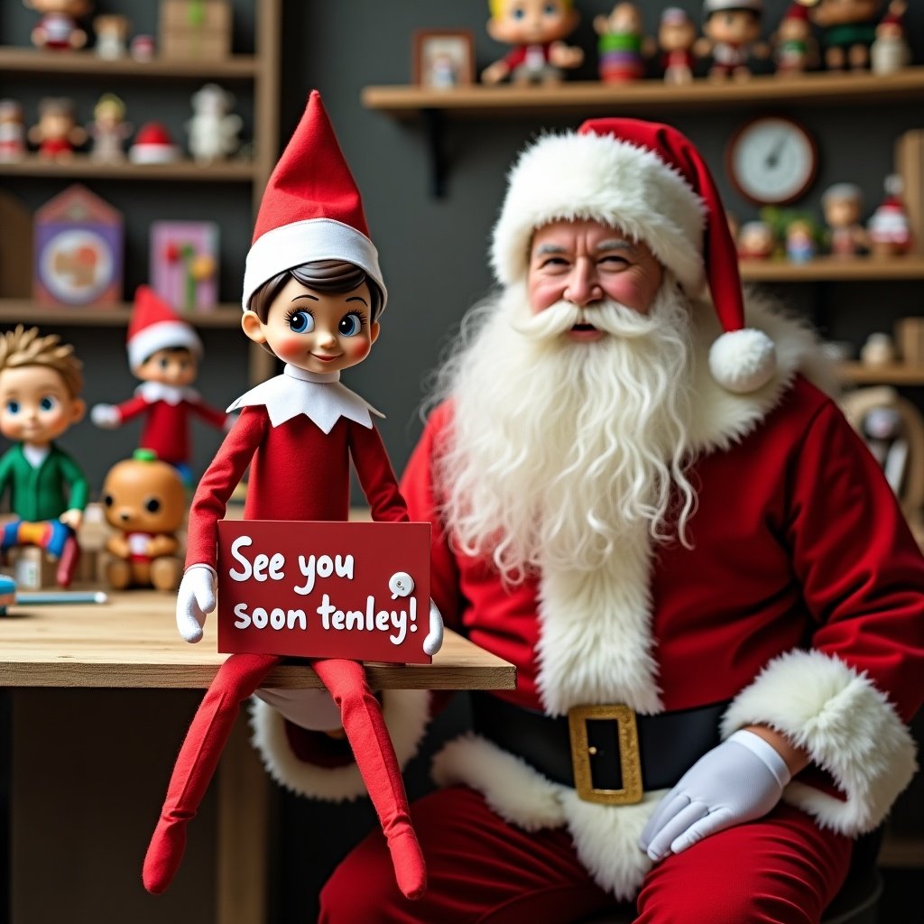 Elf on shelf holds a sign in Santa's workshop. Funko Pops in background. Elf greets someone named Tenley. Festive atmosphere with holiday decorations.