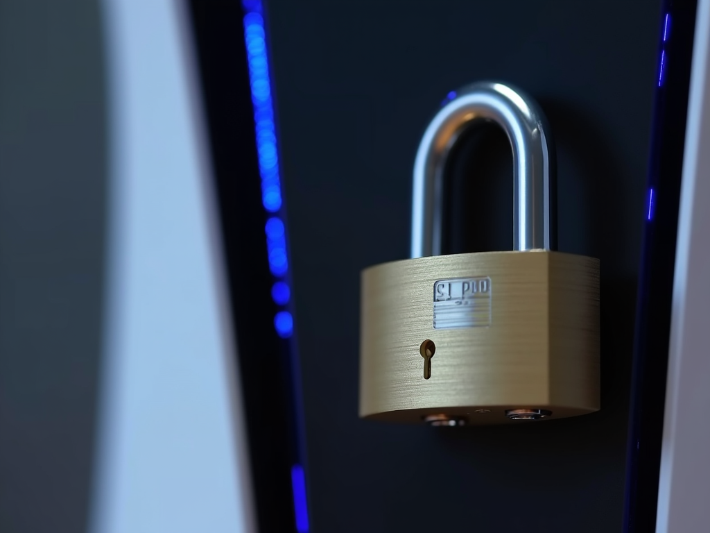 A brass padlock hangs on a sleek black surface with blue LED lights in the background.