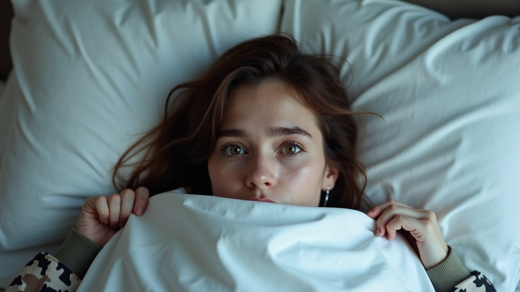 A person with expressive eyes peeks out from under a white blanket, set against a backdrop of soft pillows.