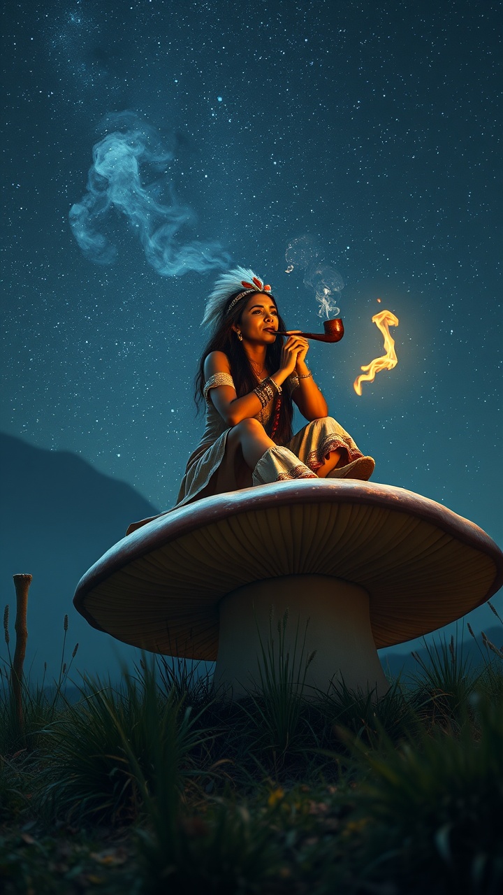 The image portrays a fantastical scene where a woman sits atop a giant mushroom. She is dressed in tribal attire and is holding a lit pipe, from which smoke curls upwards, blending into the starry night sky. The atmosphere is magical and serene, capturing a sense of connection with nature and cosmic worlds.