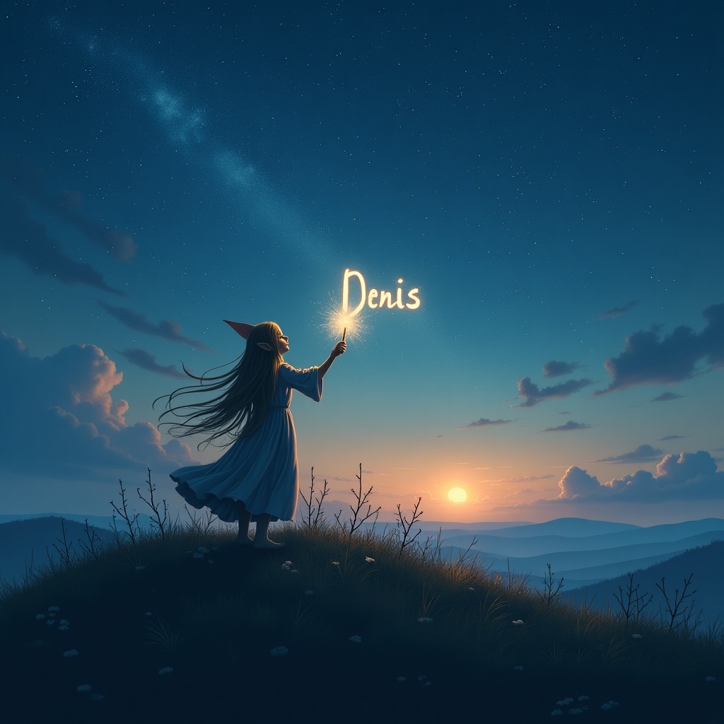 Whimsical scene with girl elf-like figure on a hill under a starry sky. Elf gracefully writing 'Denis' in glowing light. Soft twilight hues illuminate the landscape. Elf holds sparkling wand. Enchanting setting evokes wonder.