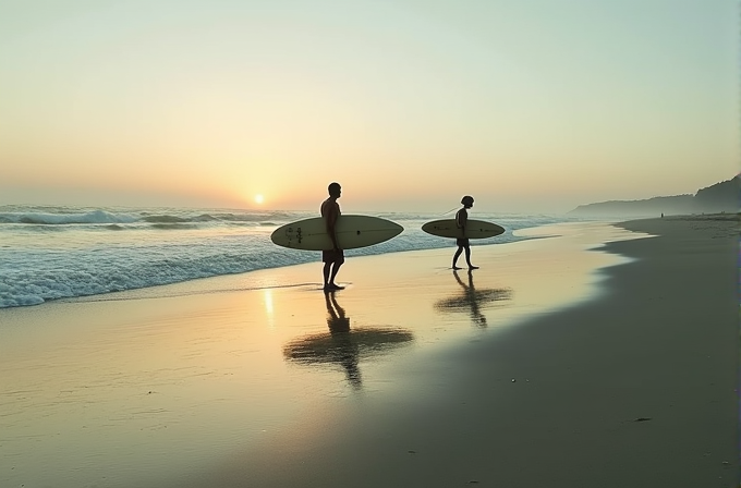 Two surfers walk along the beach holding their surfboards at sunset.